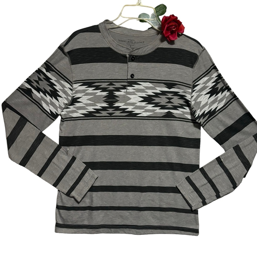 Sunday Work Clothes Henley Aztec Tribal Print long sleeve shirt gray black Sm